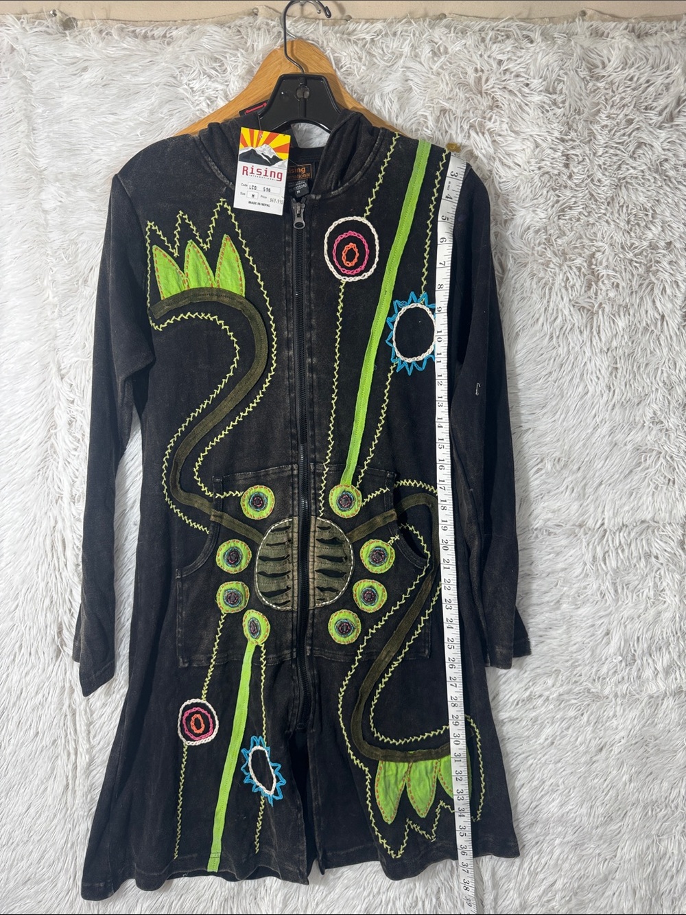 Rising international Charcoal embroidered long hoodie Jacked duster zip, size M